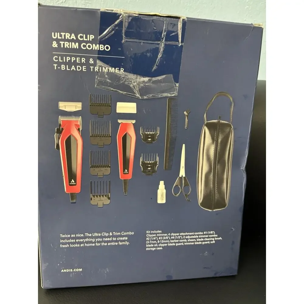 Andis Ultra Clip & Trim Combo Haircut Kit Clipper + T-Blade Red/Black. Open box